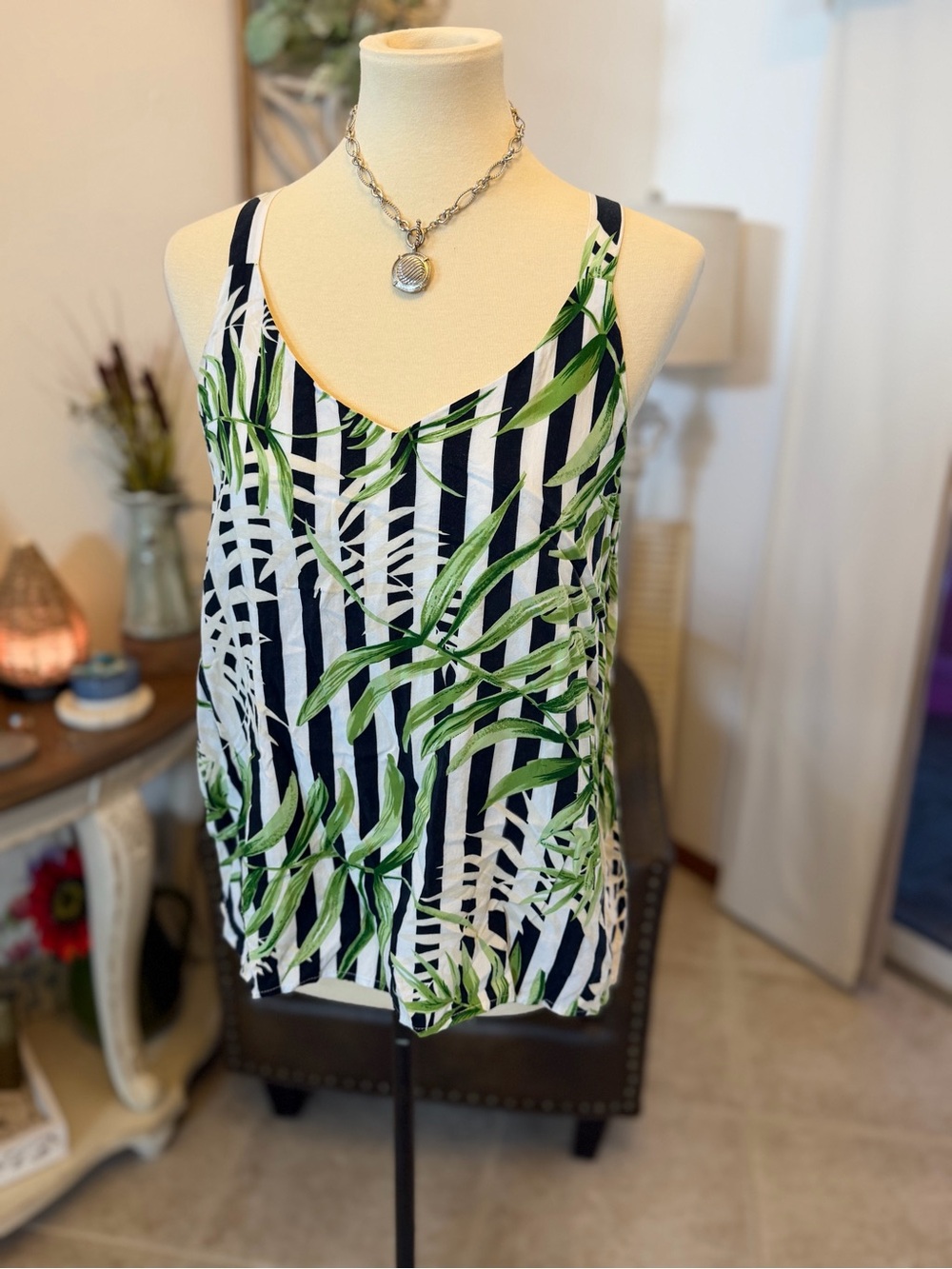 Dalia Navy and White Stripe Tank with Green Leaf Print
